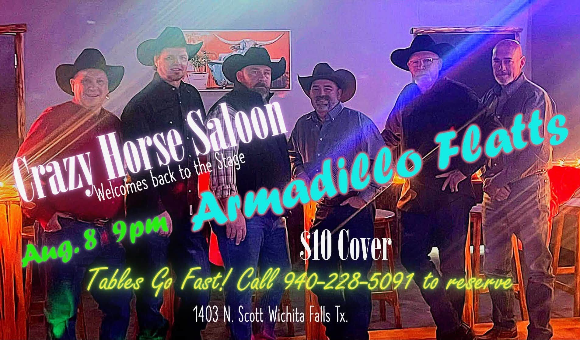Armadillo Flatts live music event flyer — Saturday August 8 at Crazy Horse Saloon, Wichita Falls TX