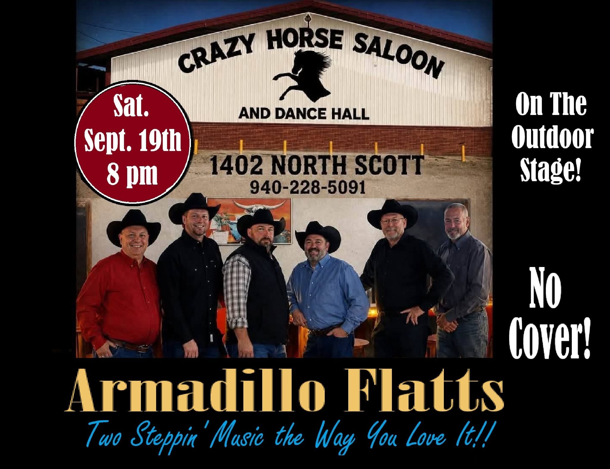 Armadillo Flatts live on the outdoor stage — Saturday September 19, 2026 at Crazy Horse Saloon, Wichita Falls TX
