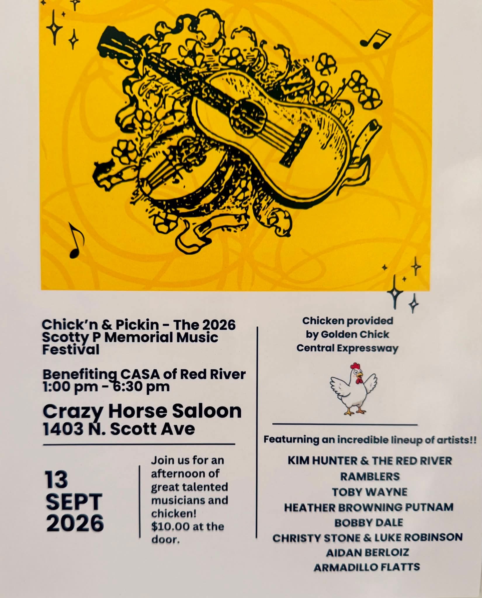 Chick'n & Pickin 2026 Scotty P Memorial Music Festival flyer — Sunday September 13 at Crazy Horse Saloon, Wichita Falls TX