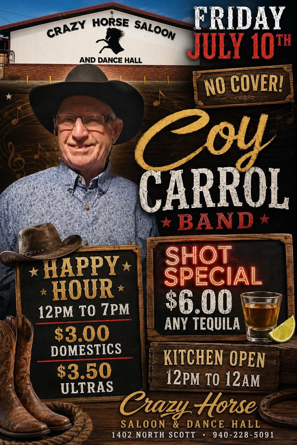 Coy Carroll Band live music flyer — Friday July 10 at Crazy Horse Saloon