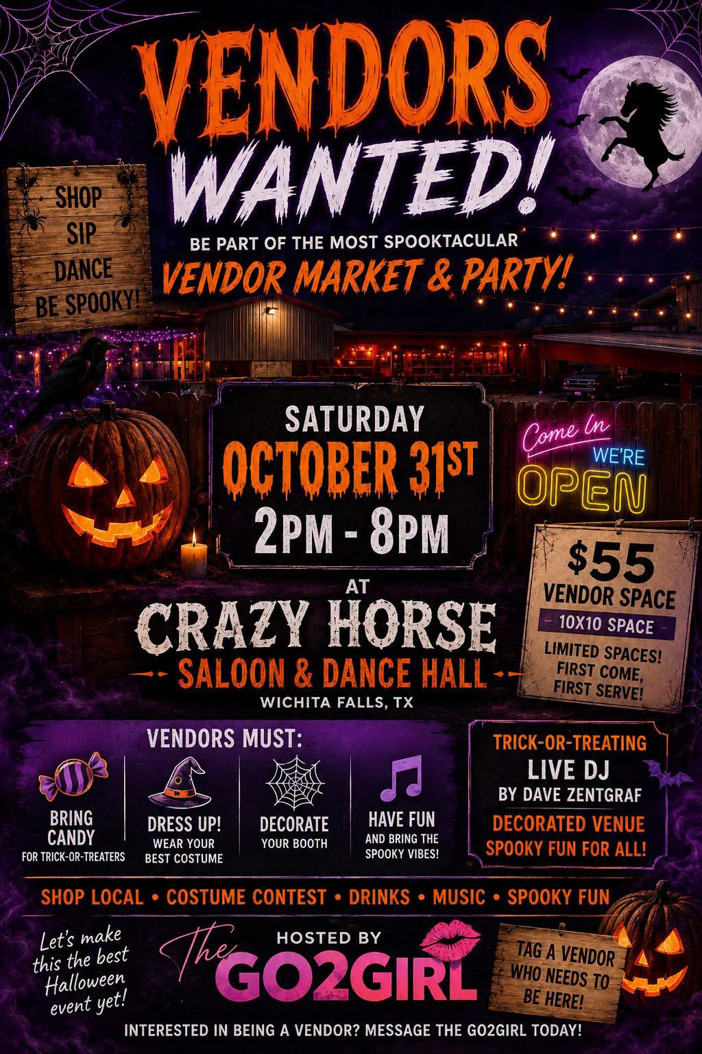 Halloween Vendor Market & Party at Crazy Horse Saloon — Saturday October 31, hosted by The Go2Girl, Wichita Falls TX