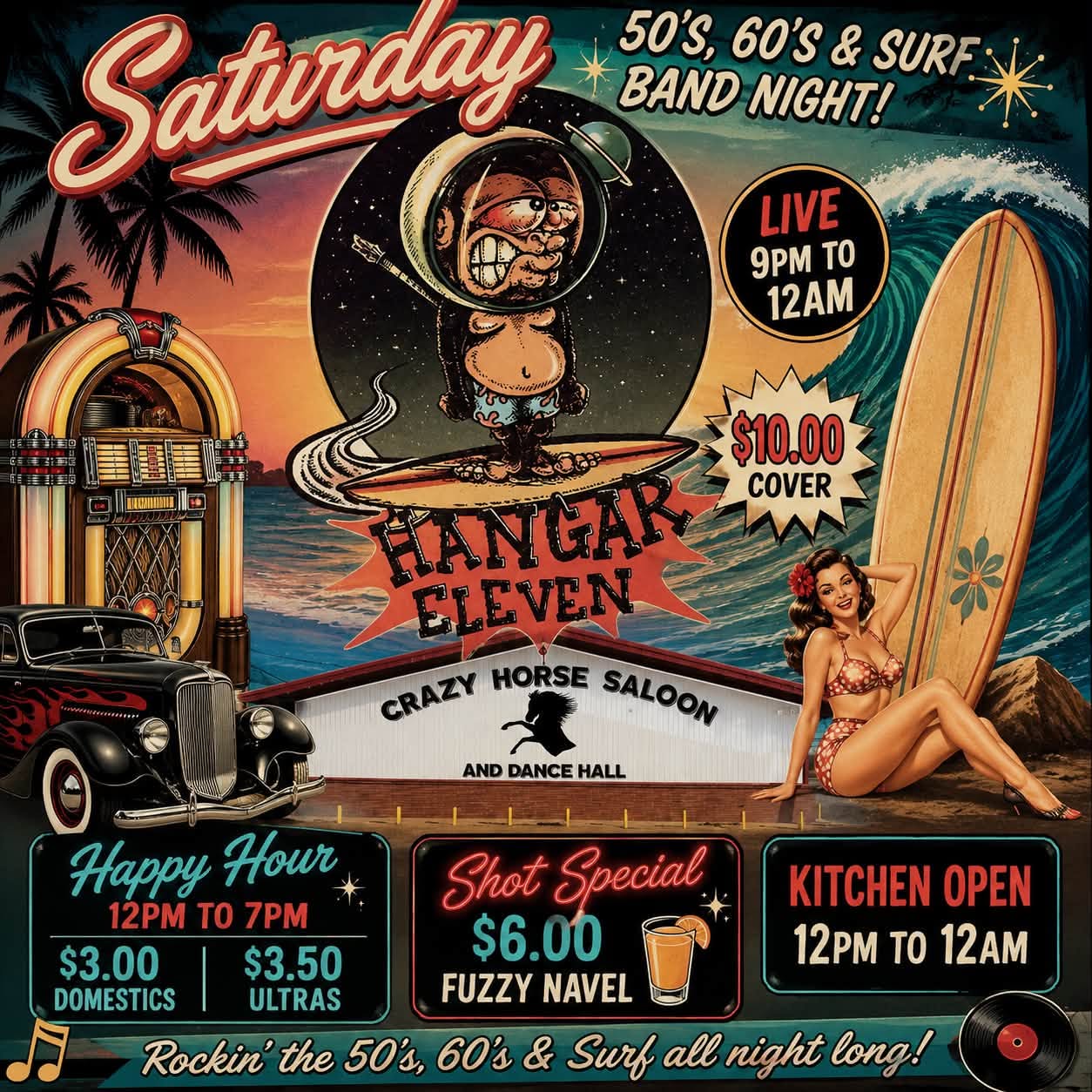 Hangar Eleven 50s 60s and Surf Band Night flyer — Saturday July 11 at Crazy Horse Saloon