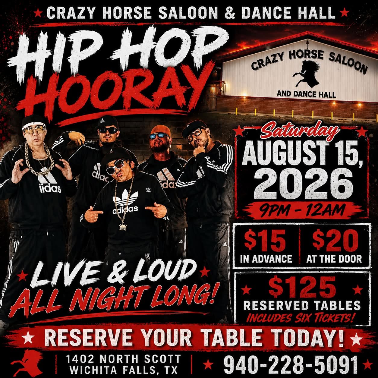 Hip Hop Hooray event flyer — old school hip hop night, Saturday August 15 at Crazy Horse Saloon