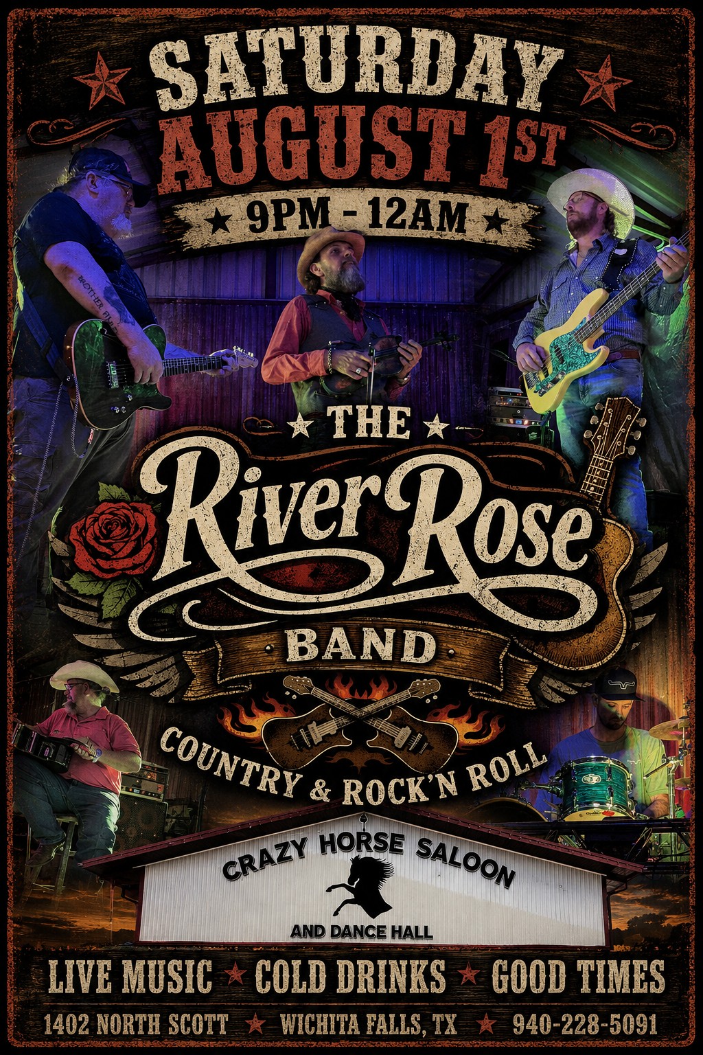 The River Rose Band event flyer — country and rock 'n roll, Saturday August 1 at Crazy Horse Saloon
