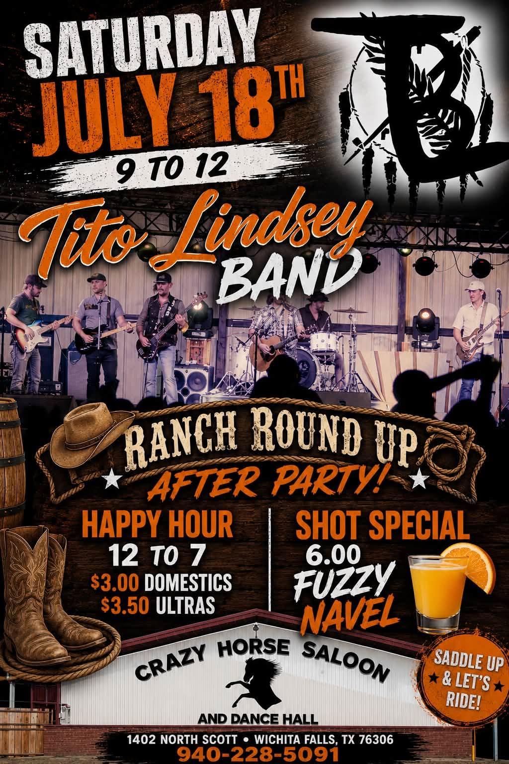 Tito Lindsey Band live music event flyer — Ranch Round Up After Party, Saturday July 18 at Crazy Horse Saloon