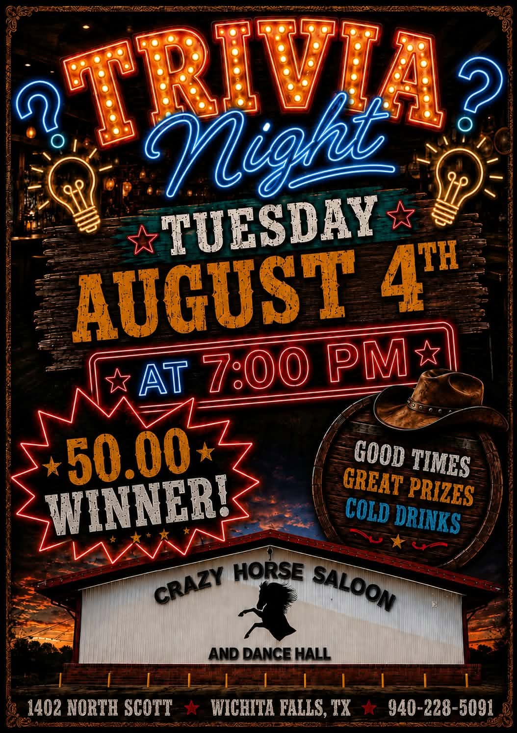 Trivia Night event flyer — Tuesday August 4 at 7 PM at Crazy Horse Saloon, Wichita Falls TX