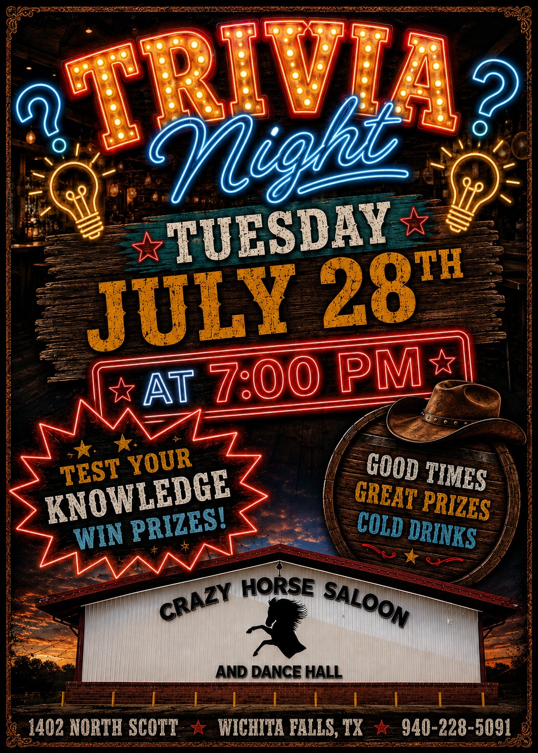 Trivia Night event flyer — Tuesday July 28 at 7 PM at Crazy Horse Saloon, Wichita Falls TX