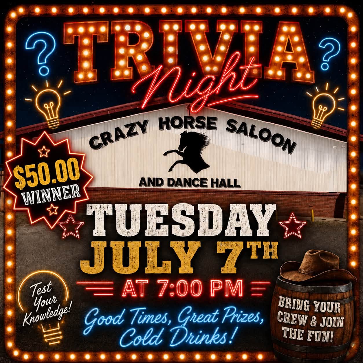 Trivia Night flyer — Tuesday July 7 at Crazy Horse Saloon