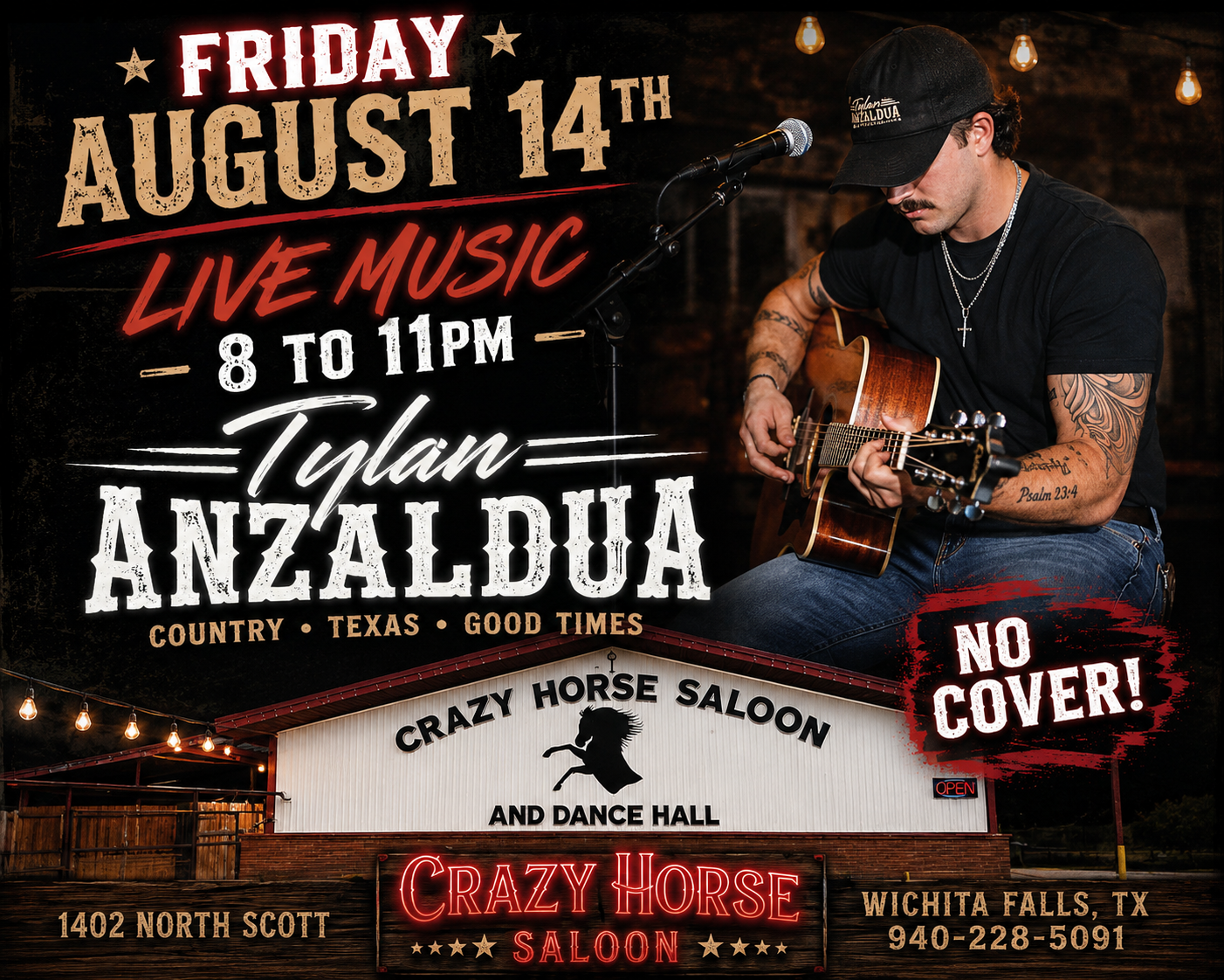 Tylan Anzaldua live music event flyer — Friday August 14 at Crazy Horse Saloon, Wichita Falls TX