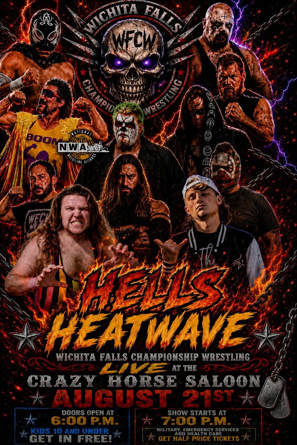 WFCW Hell's Heatwave wrestling event poster — Friday August 21 at Crazy Horse Saloon
