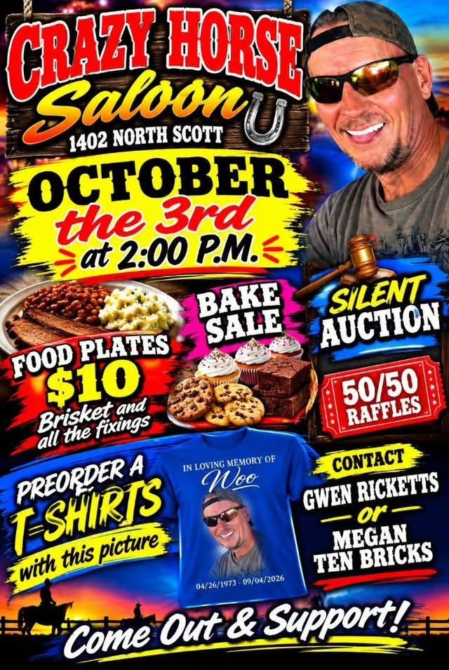 Celebration for Woo — October 3, 2026 at Crazy Horse Saloon, Wichita Falls TX — Bake Sale, Silent Auction, Food Plates, 50/50 Raffles