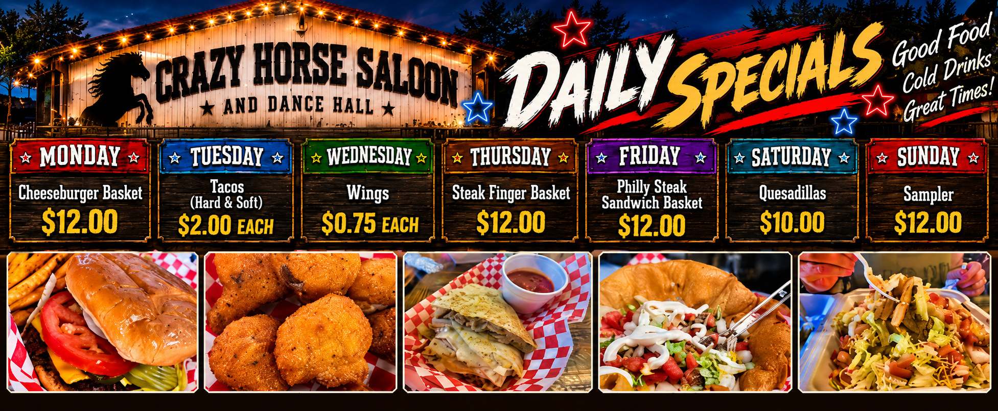 Daily Food Specials at the Crazy Horse Saloon Back Bar & Kitchen