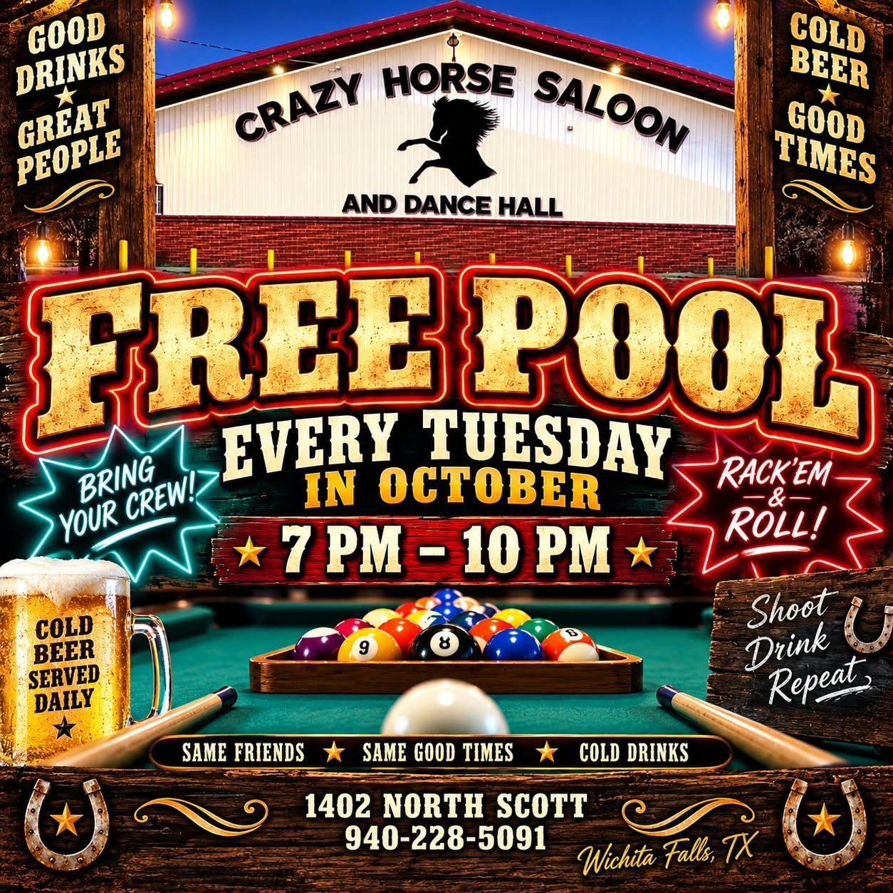 Free Pool every Tuesday in October at Crazy Horse Saloon — 7 PM to 10 PM