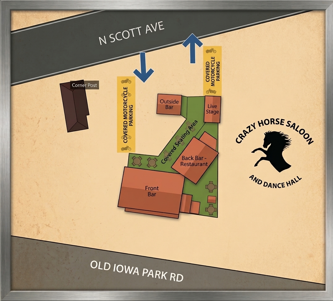 Diagram of the motorcycle entrance and exit at Crazy Horse Saloon