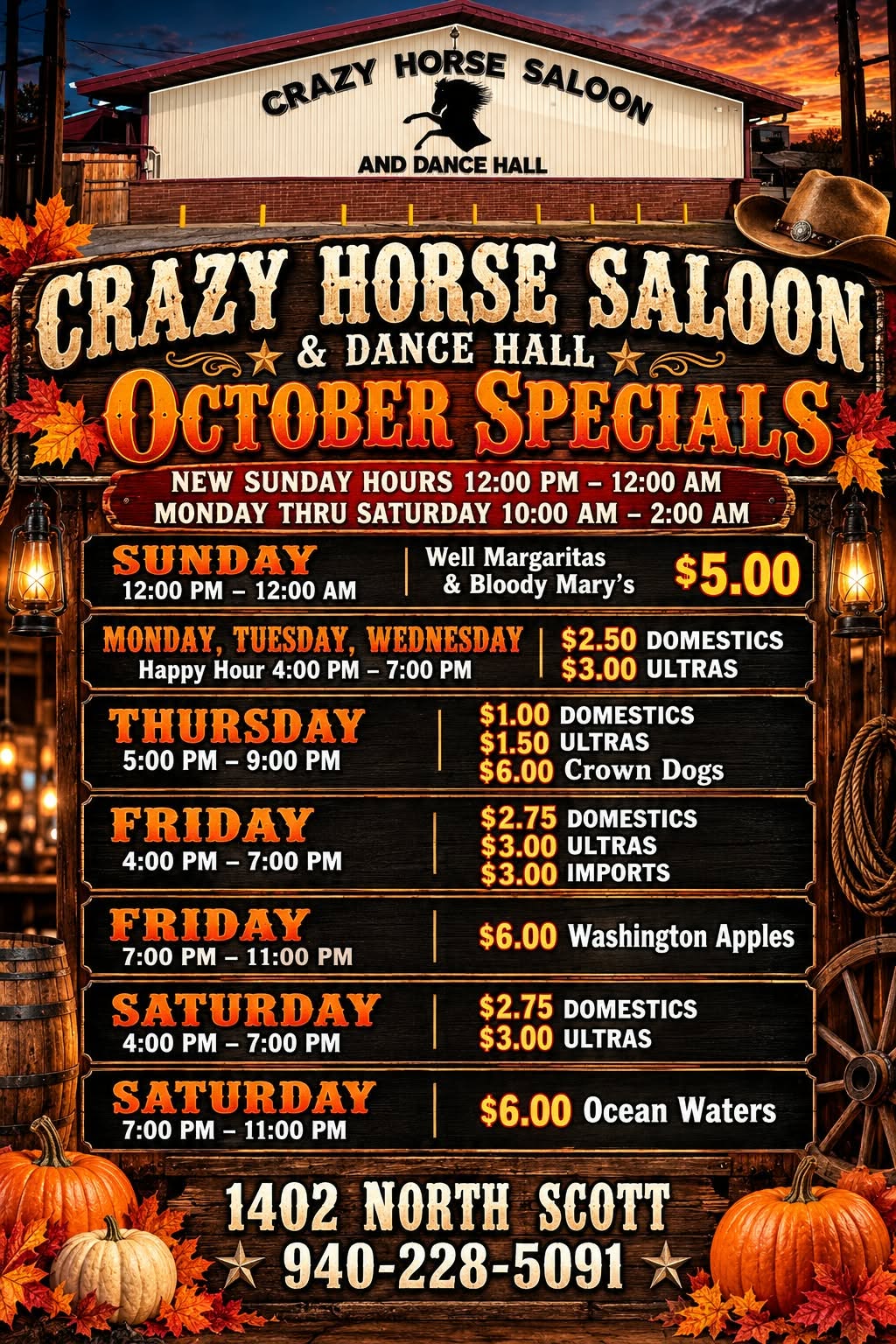 October 2026 new hours and drink specials at Crazy Horse Saloon