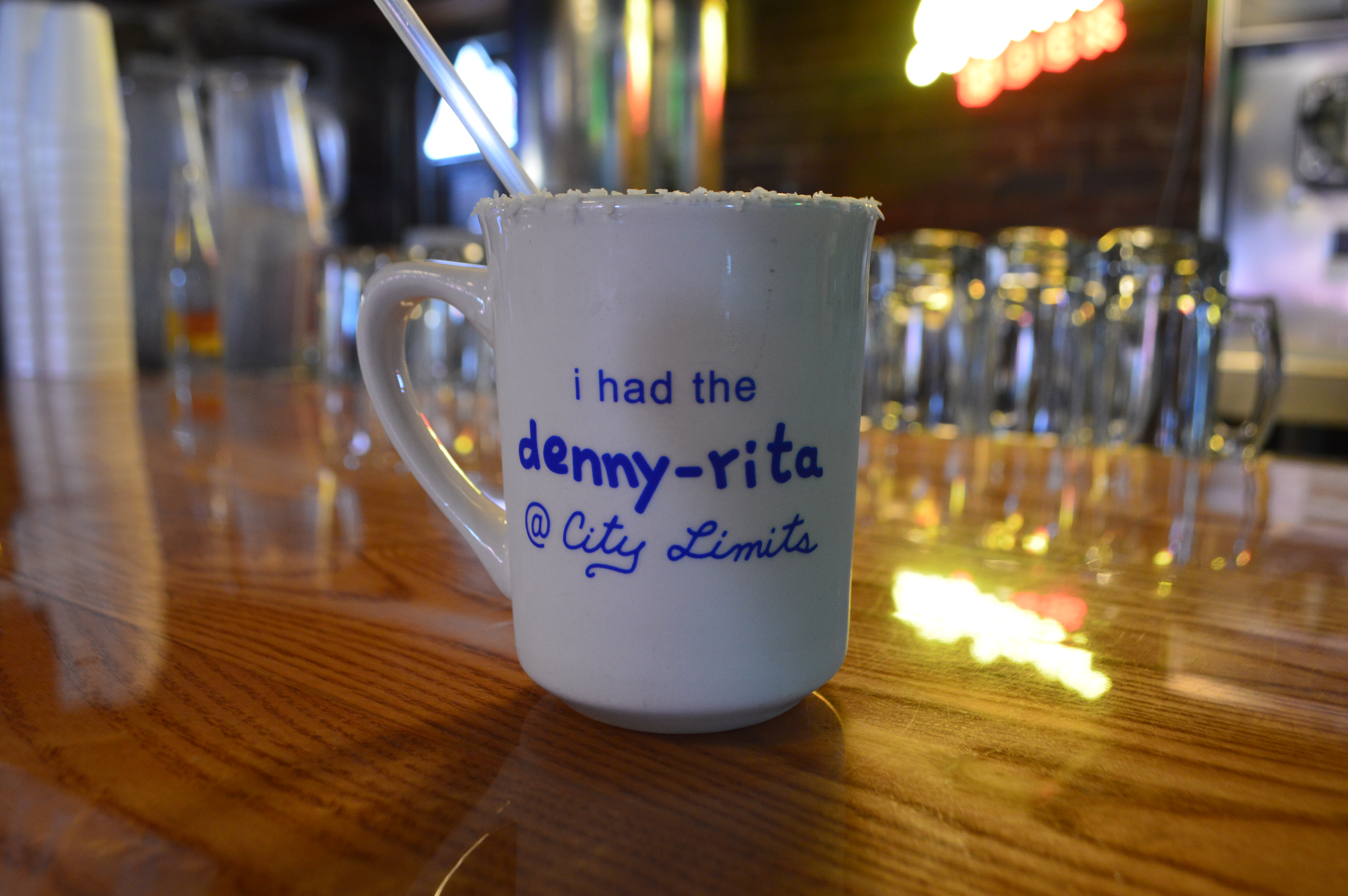 The denny-rita — City Limits Bar & Grill's house margarita served in a signature mug