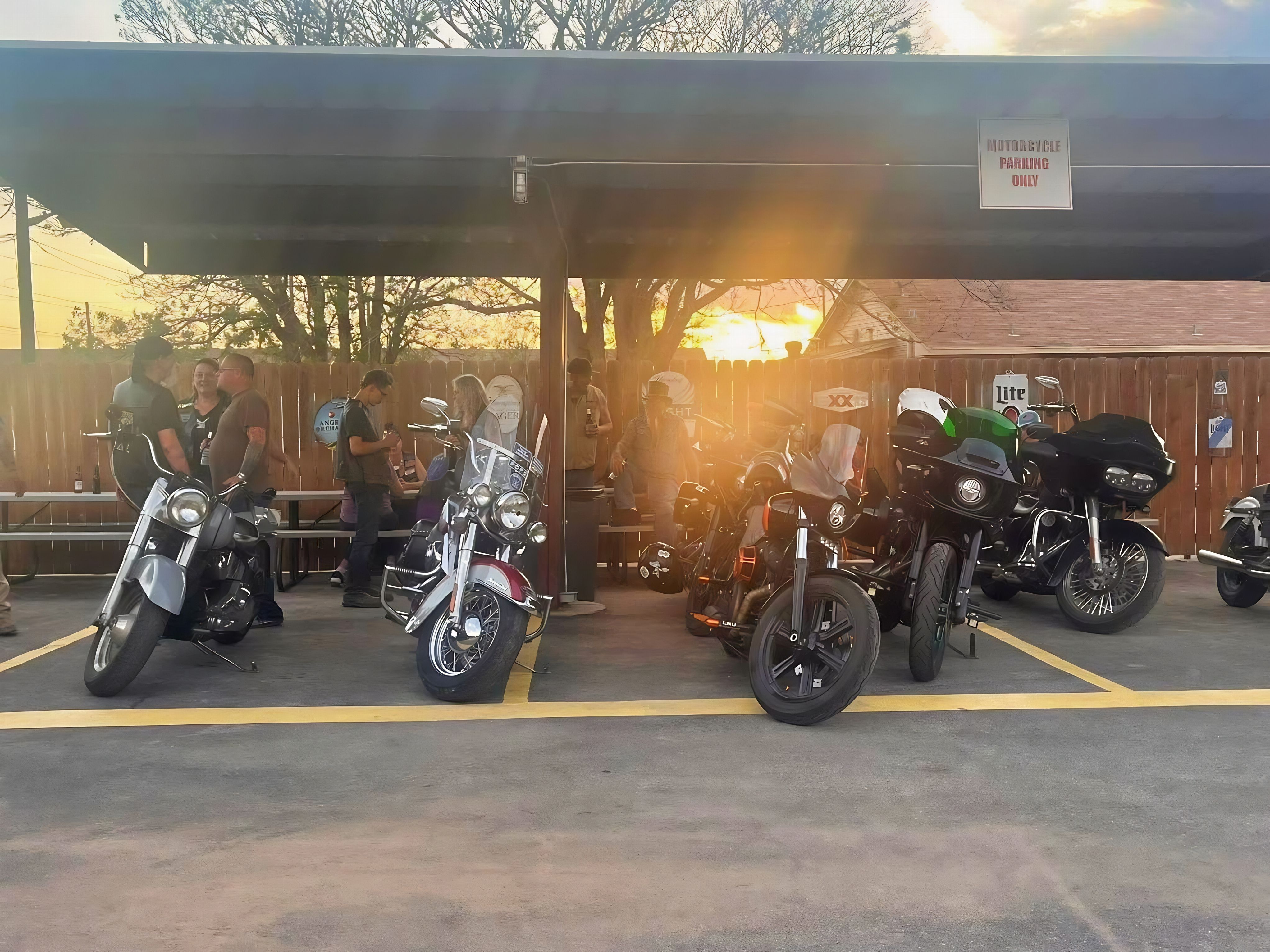 Motorcycles lined up outside Crazy Horse Saloon during Bike Night