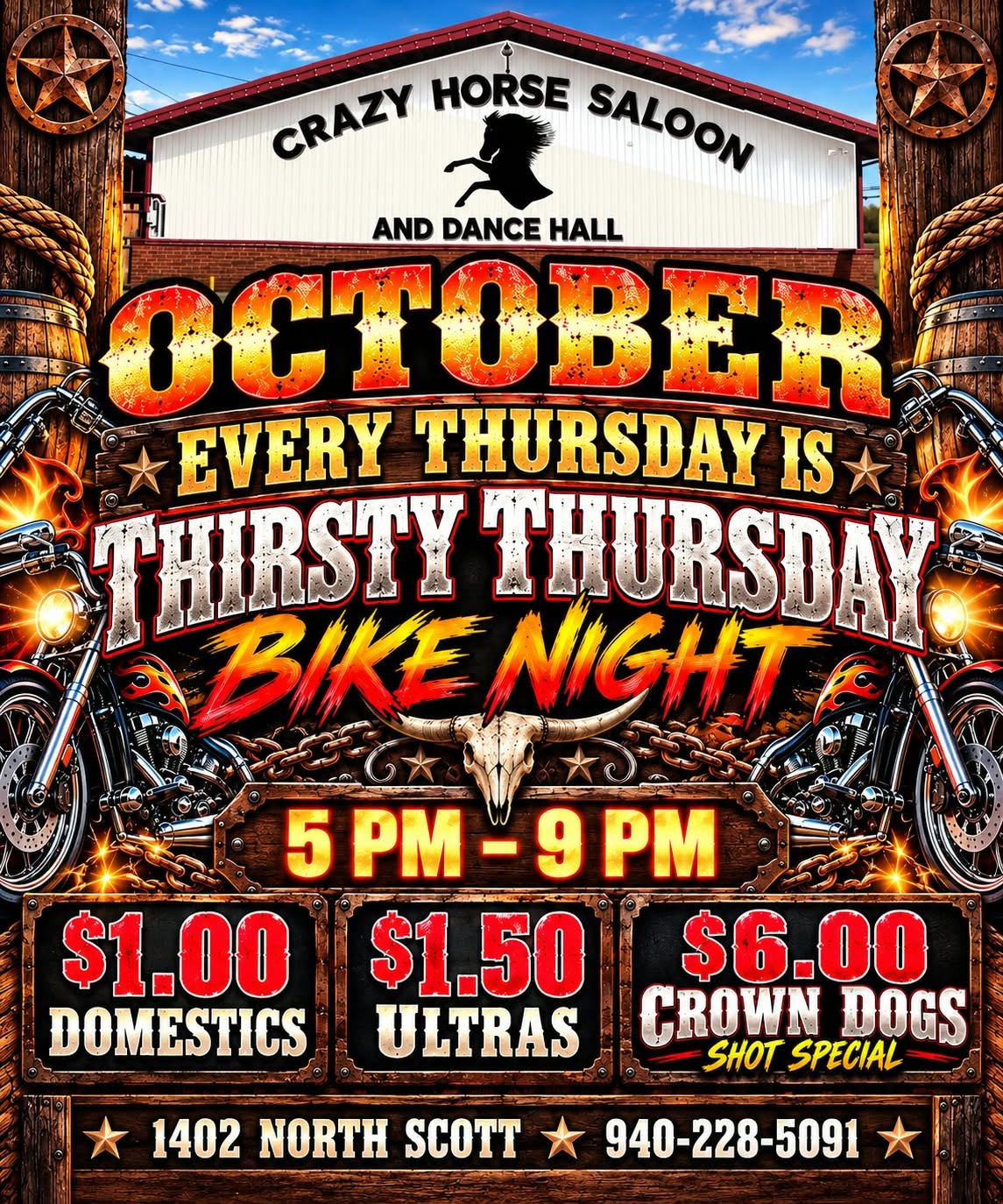 October Thirsty Thursday Bike Night flyer — Crazy Horse Saloon